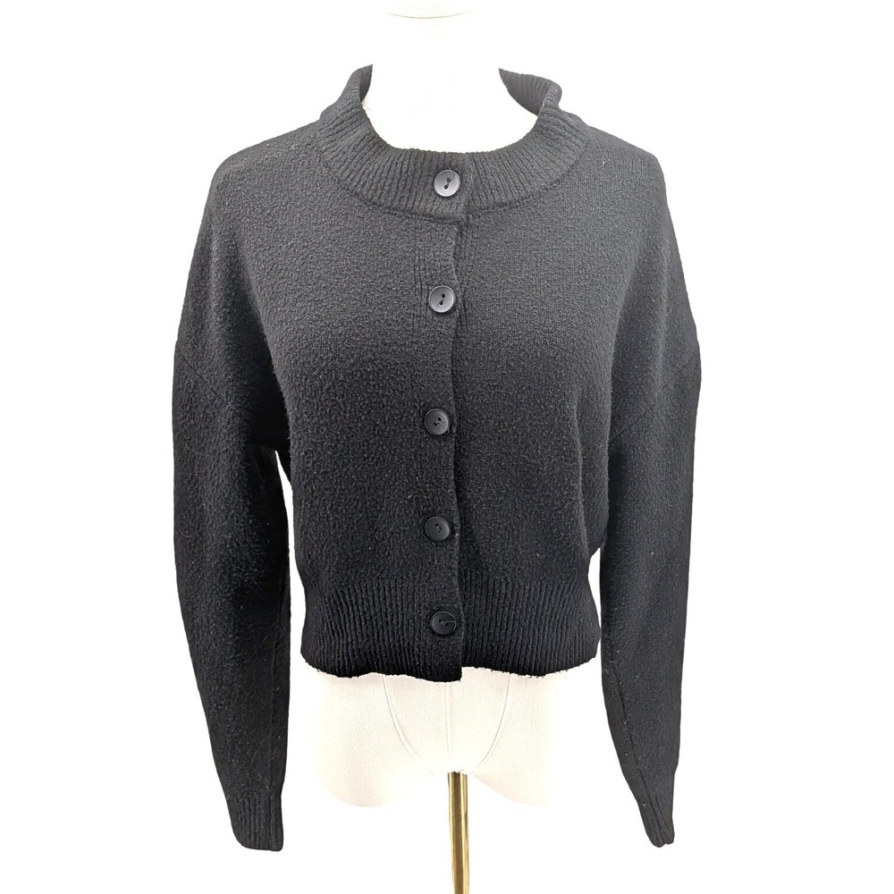 Black Boucle Knit Cardigan Button Front Cropped Boxy Cozy Jon & Anna Small